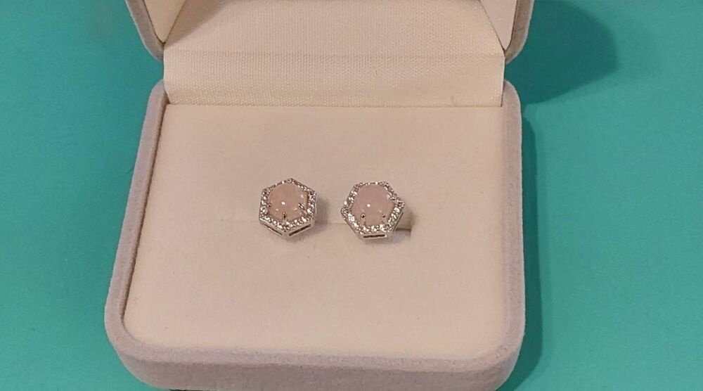 Stunning Genuine Morganite Cabachon & White Topaz Gemstone Stud Earrings~925SS